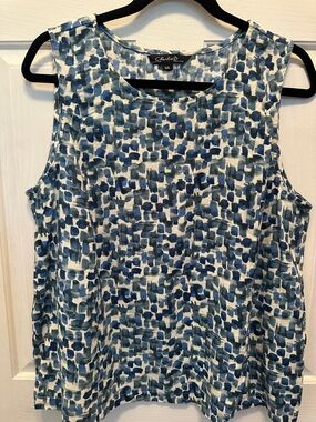 CHARLIE B Blue and White Linen blend Abstract Print Tank Size Large